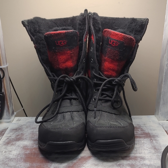 UGG Butte Red Plaid Wool Shearling Winter Snow Boots Mens 7.5/40 Black Red - Picture 5 of 12